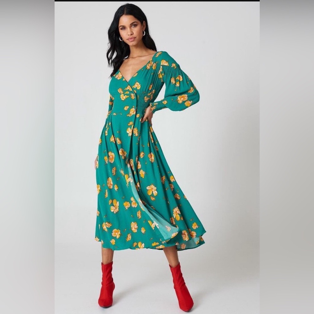 Free People Teal Floral Long Sleeve Midi Wrap Dress